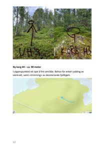 Fotografier av et utvalg terrengområder (korg #4) med håndskrevne merker og en tilhørende topografisk kartutsnitt.