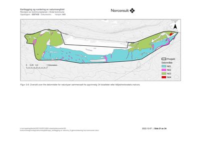 Kart over et prosjektområde med overlagte kartleggingsdata for naturangfold (N01-N04) i Årdal kommune.