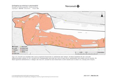 Kart som viser kartlegging av naturangfold og rødlistearter i Årdal kommune.
