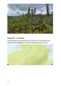 Fotografier av et skogsterrang med håndskrevne merker og en tilhørende topografisk kartutsnitt.