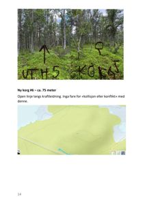 Fotografi av et skogsterrang med håndskrevne merker (UTH5, KORG5) og en tekstbeskrivelse om ny korg og kraftledning.