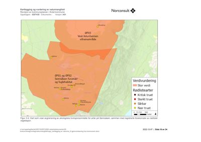 Kart som viser arealer med naturmangfold (rødlistearter) i Årdal kommune.