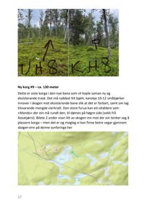 Et kart over et skogområde med en markert rute (blå) og et område med punkter (rosa).