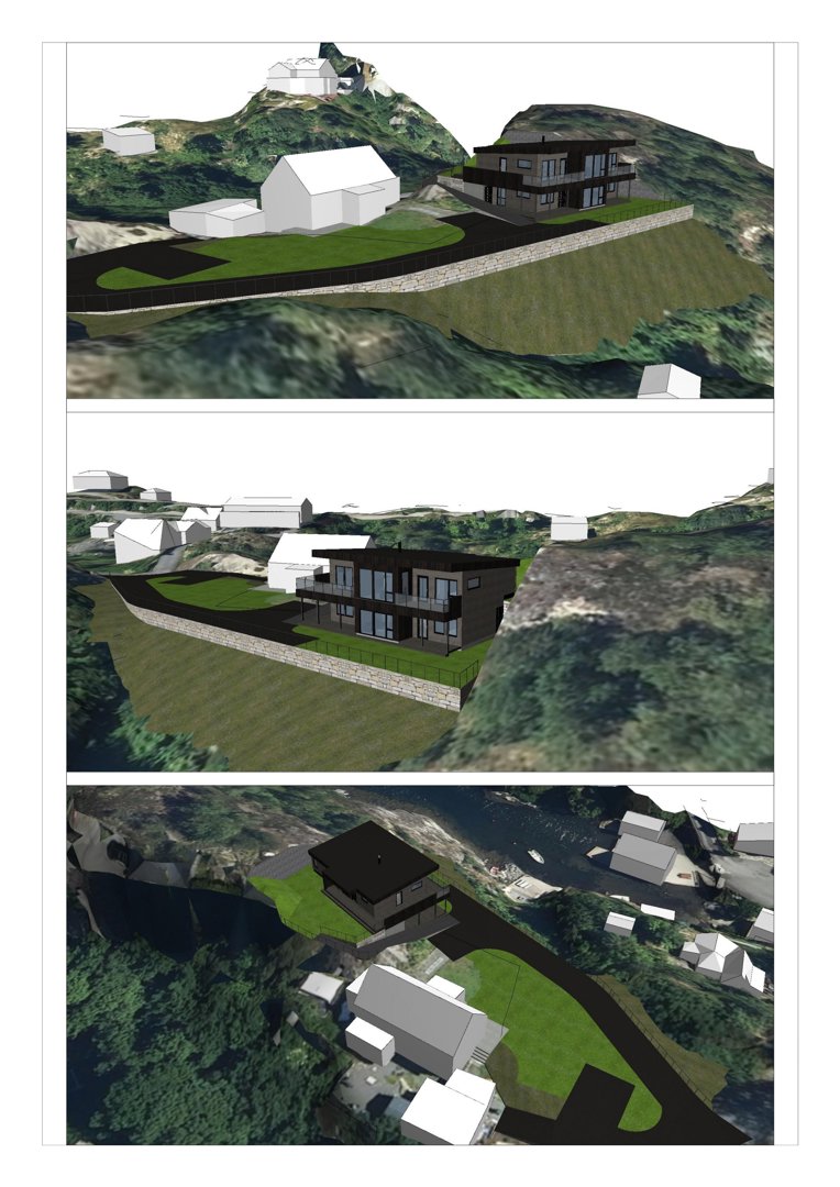 Tre 3D-visualiseringer av en planlagt bygning sett fra ulike vinkler i et terreng.