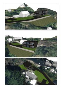 Tre 3D-visualiseringer av en planlagt bygning sett fra ulike vinkler i et terreng.