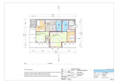 Etasjeplan (1. etasje) som viser romfordeling, mål og areal for en bolig.