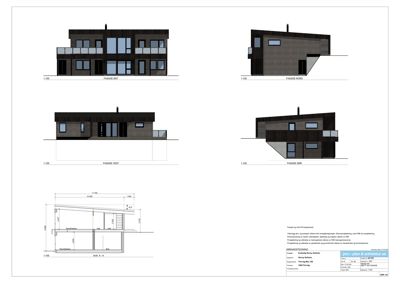 Bildet viser en tegning med fire utsnitt av fasader (NØR, SØR, VEST, ØST) og et snitt (Snitt A-A) for en bolig.