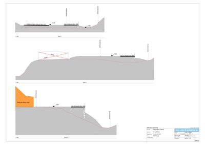 Snittegning som viser tre ulike trinn (Skriv 1, 2 og 3) for terrengformning og vegbygging, med høydemål og konstruksjonsdetaljer.