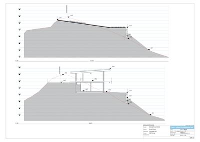 Snittegning som viser bygningens tverrsnitt i forhold til terrenget, med høydemål og konstruksjonsdetaljer.