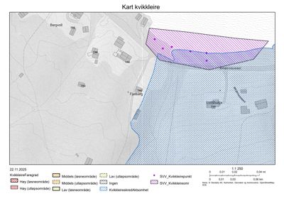 Kart over kvikkleirefaregrad i området med bygningsplassering og utløpsområder