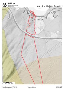 Kart over et område i Rein med en markert tomt (rød linje) og topografiske detaljer.