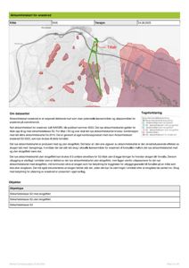 Et aksomhetskart for snøskred som viser et kart over et område med overlappende lag for snøskredfare og skogdekning, samt en markert 'Tiltak'-område.