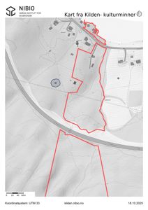 Et kart over et område med topografiske linjer, veier og markerte områder (røde og blå linjer).