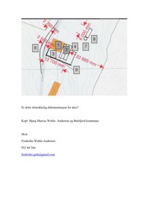 Situasjonsplan som viser tomtens form, bygningers plassering (1-9), og mål på tomtegrenser og veier.
