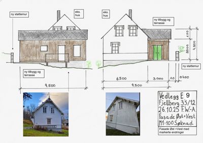 Fasadetegning med mål, tegnet over eksisterende hus (fotografert under), med markerte endringer som ny støttemur og tilbygg.