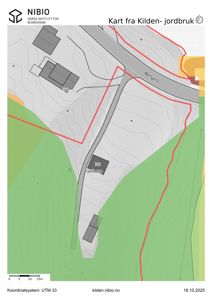 Kart over et område med topografi, veier og bygninger, utgitt av NIBIO.