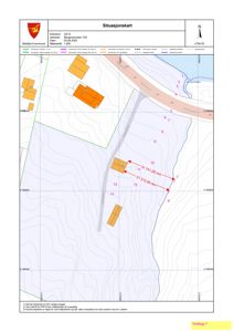 Situasjonskart som viser tomtens beliggenhet, nabolag, høydekurver og eiendomsnummer.
