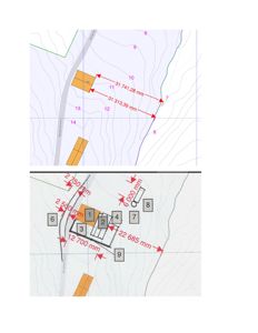 Situasjonsplan som viser tomtens form, grenser, høydemålerlinjer (konturlinjer), nabotomter og angitte mål på tomtegrenser.