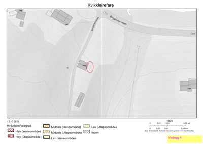 Kart over kvikkleirefaregrad for et område med bygninger og veier (Bergenesveien).