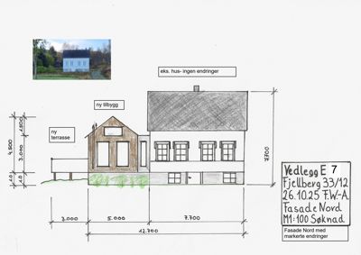 Fasadetegning (Nord) som viser eksisterende hus og ny tilbygg med mål og endringer markert.