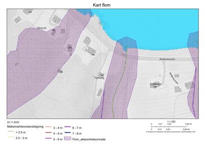 Kart over et område (Bergsvoll, Fjellberg, Loddsuka) som viser områder utsatt for flom og vannstandsstigning.