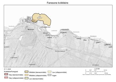 Kart over kvikkleirefare i Faresone, med markerte områder for høy, middels og lav faregrad.