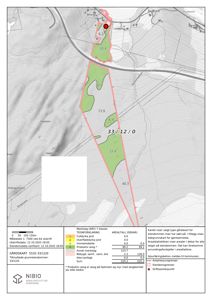 Gårdsplan (kart) som viser eiendommen 33/12/0 med arealdata, markslag og beliggenhet i forhold til veier og naboeiendommer.