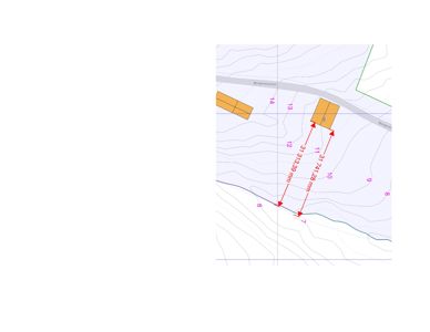 Situasjonsplan som viser tomtens form, høydekurver (konturlinjer), nabolagsgrenser og dimensjoneringslinjer for bygningens plassering.