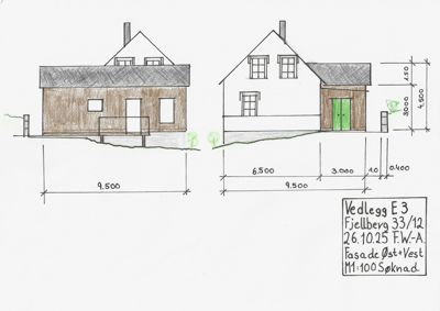 Håndtegnet fasadetegning som viser bygningens utseende fra øst og vest, med mål og detaljer.