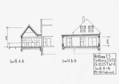 Tegning som viser to snitt (A-A og B-B) gjennom en bygning, med mål og konstruksjonsdetaljer.