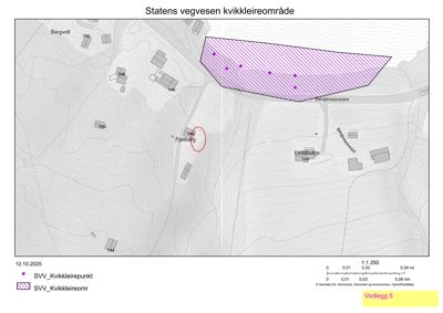 Kart over Statens vegvesens kvikkleireområde med markerte punkter og områder.