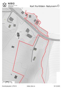 Kart over et område med topografi, veier (Bergensveien) og eiendommer, med en rød uthevet grense.