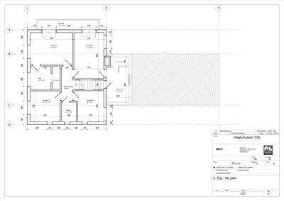 Etasjeplan (2. etg) med romfordeling, mål og balkong.