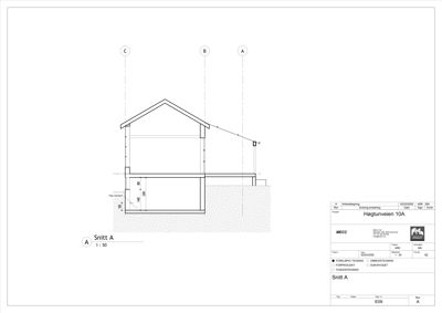 Snittegning (Snitt A) som viser tverrsnittet av en bygning med mål og konstruksjonsdetaljer.
