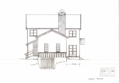 En tegnet fasadevisning av en bolig sett fra fronten, med detaljer om vinduer, tak, røykpipe og en veranda.