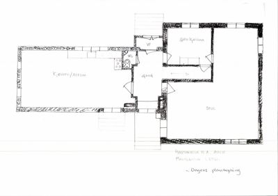 Et håndtegningsplan over første etasje av en bolig, som viser romfordeling med stue, kjøkken/allrom, gang og bad.