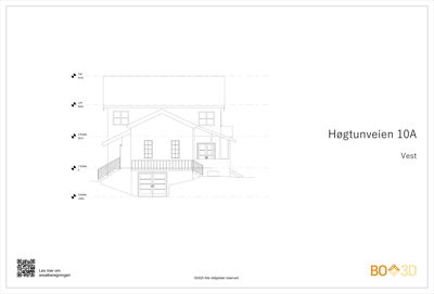 Fasadetegning av en bolig sett fra vest, med høydeangivelser for ulike etasjer.