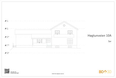 Fasadetegning av en bolig med høydeangivelser for ulike etasjer.