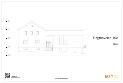Fasadetegning av en bygning sett fra nord, med høydeangivelser for ulike etasjer.