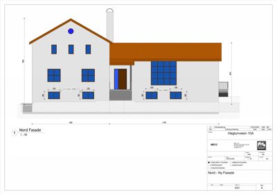 Nord-fasade tegning av en bygning med mål og detaljer