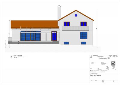 Fasadetegning av bygning sett fra syd med mål og detaljer