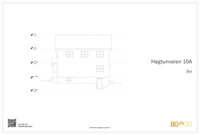 Fasadetegning som viser bygningens utseende sett fra siden, med høydeangivelser for ulike etasjer.