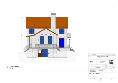 Fasadetegning av en bolig med mål og detaljer for vestfasaden