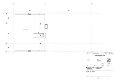 Etasjeplan (Loft - Ny Plan) som viser romfordeling og mål for en bygning.