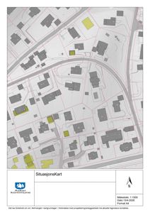 Situasjonskart som viser tomtens beliggenhet i forhold til nabolag, veier og andre bygninger.