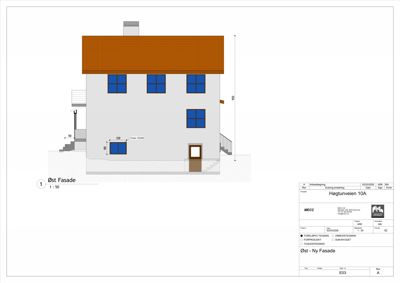 Fasadetegning av en bygning sett fra øst, med mål og detaljer.