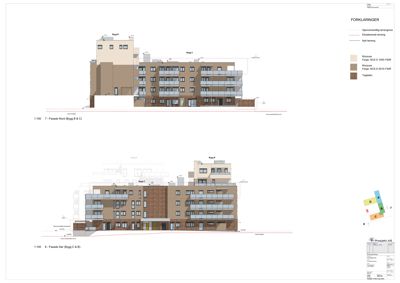 Fasadetegning som viser bygningens utseende fra utsiden, inkludert fasadefarger og detaljer.