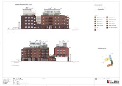 Fasadetegning som viser bygningens utseende fra fronten, inkludert fargevalg, vindusoppsett og takform.