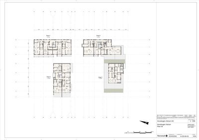 Etasjeplan (Plan 04) som viser romfordeling og plassering av fire leiligheter (Rigg A, B, C og D) i et fleretasjes bygg.