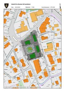 Kartutsnitt (situasjonskart) som viser tomt, bygninger og infrastruktur i et område.